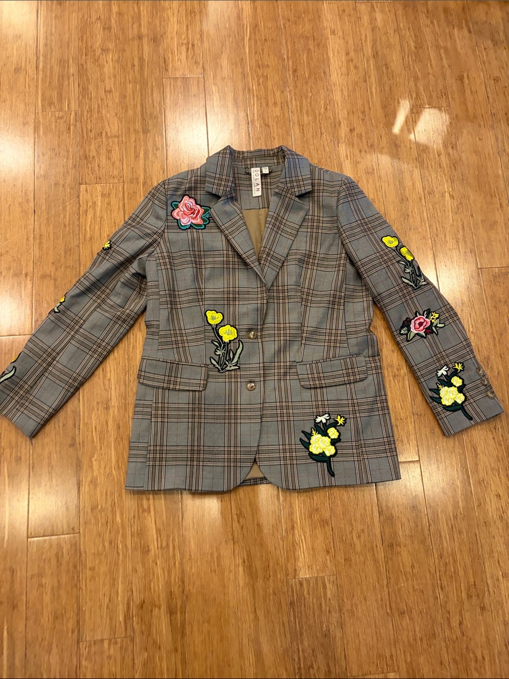 dolan Gray Plaid Blazer with Colorful Floral Appliqués